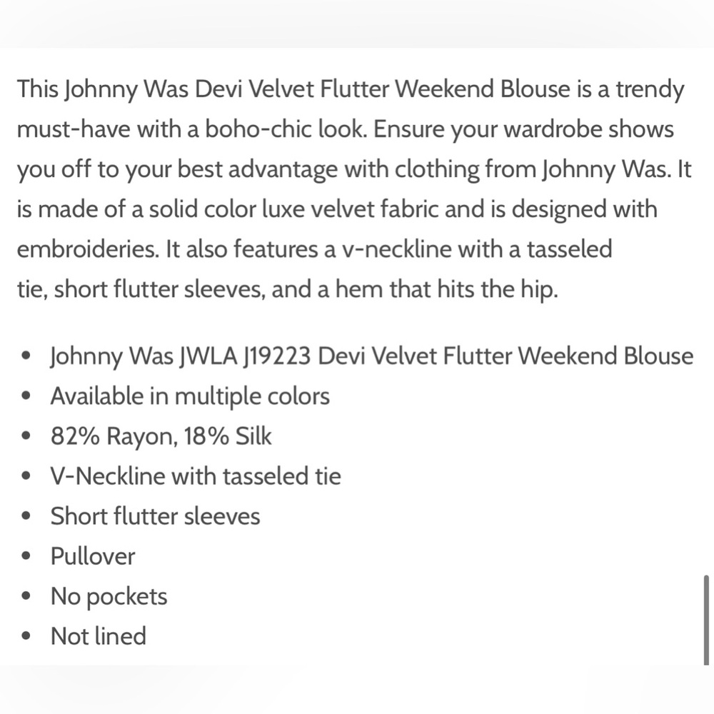 Johnny Was Velvet Devi Flutter Boho Weekend Blouse Sz-S NWOT’s - Picture 10 of 12